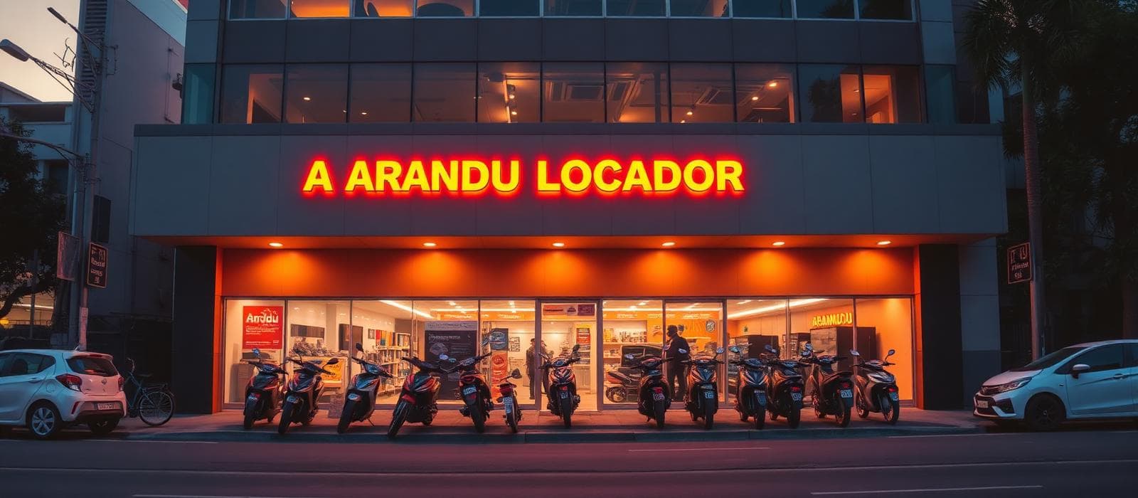 Fachada da Arandu Locadora ao entardecer com motos e carros